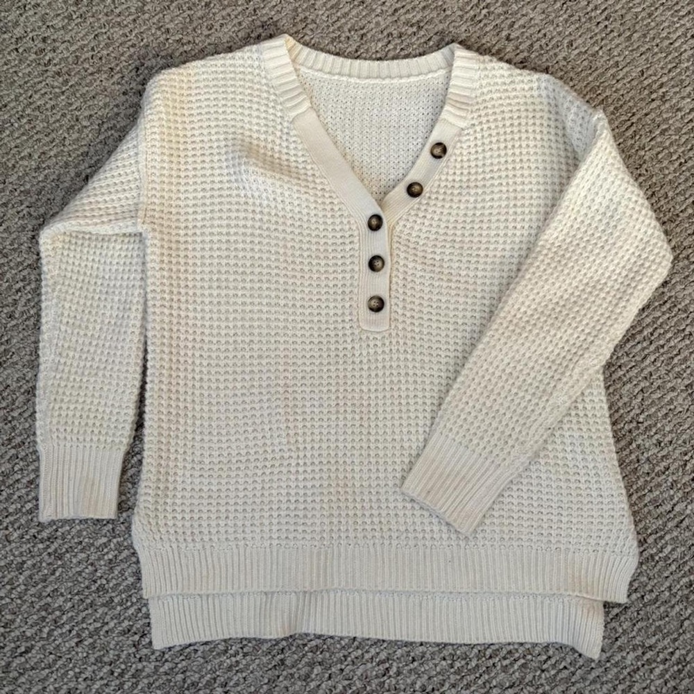 Elegant Cream V-Neck Sweater with Button Accents
